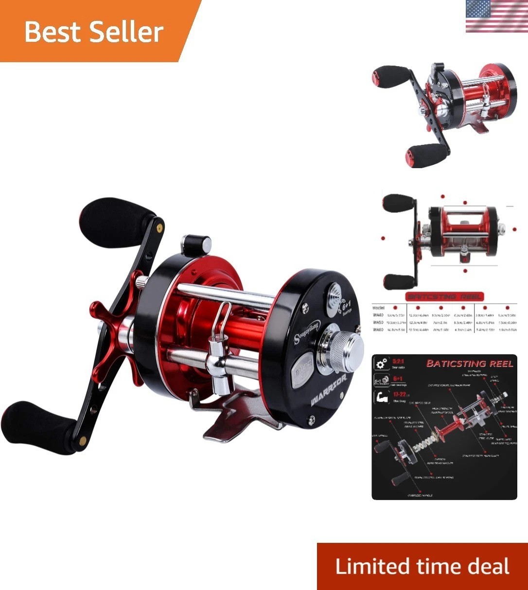 Durable Warrior Round Baitcasting Reel – 6BB+1RB Bearings, 11.36oz Lightweight