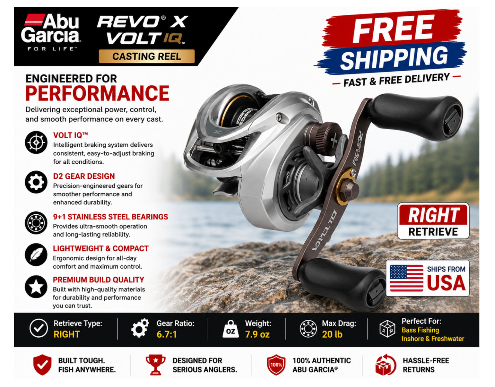 Abu Garcia Revo X VoltIQ Casting Reels, Type:Right – Gear Ratios: 6.7:1