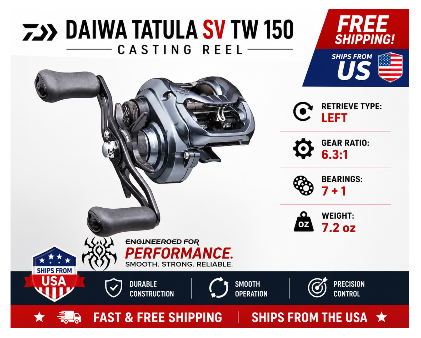 Daiwa Tatula SV TW 150 Casting Reel, Type:Left – Ratios: 6.3:1