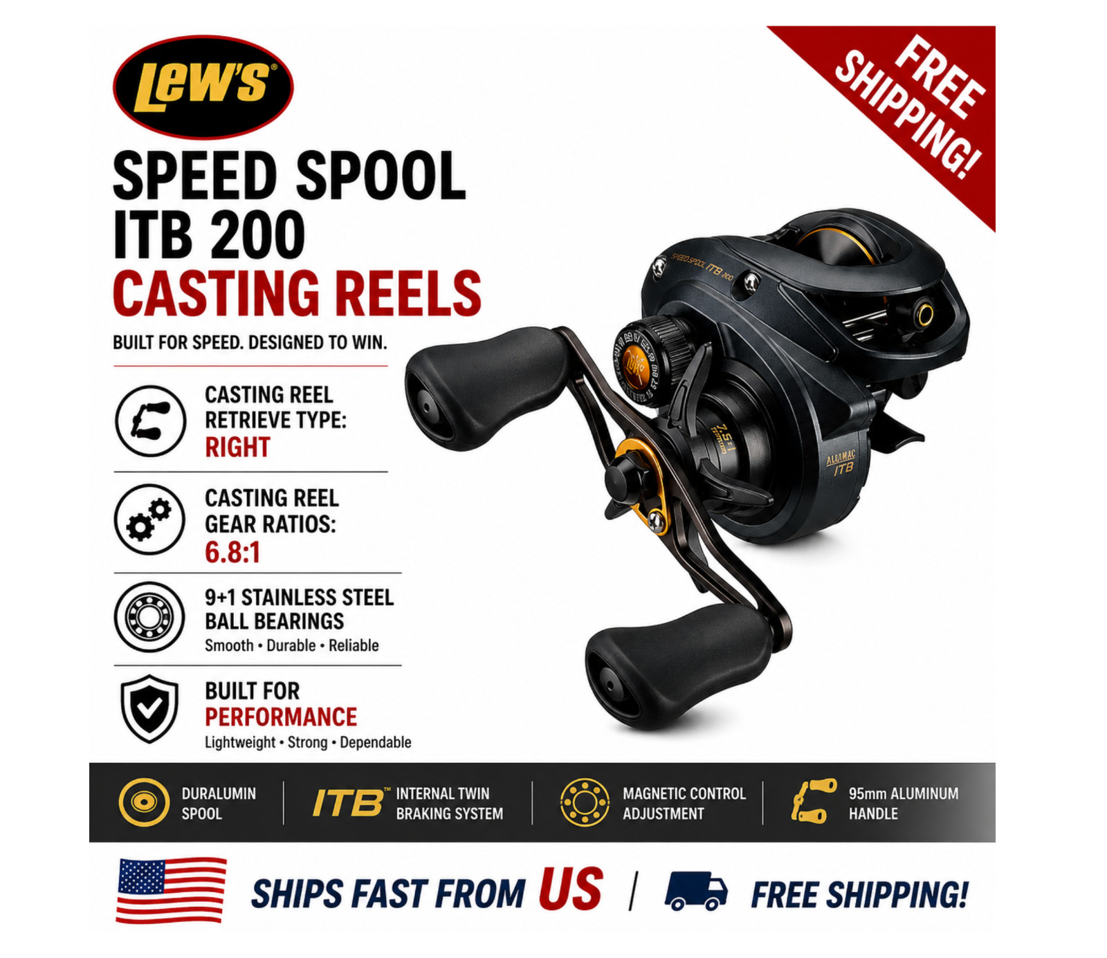Lew’s Speed Spool ITB 200 Casting Reels, Type:Right – Ratios: 6.8:1