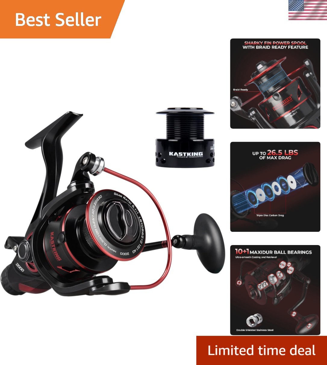 Durable Sharky Baitfeeder III Fishing Reel – Black and Red, 39lb Drag Capacity