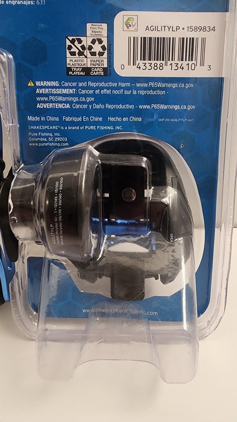 Shakespeare Agility LP baitcasting reel (low-profile, black/blue colorway). 3-be