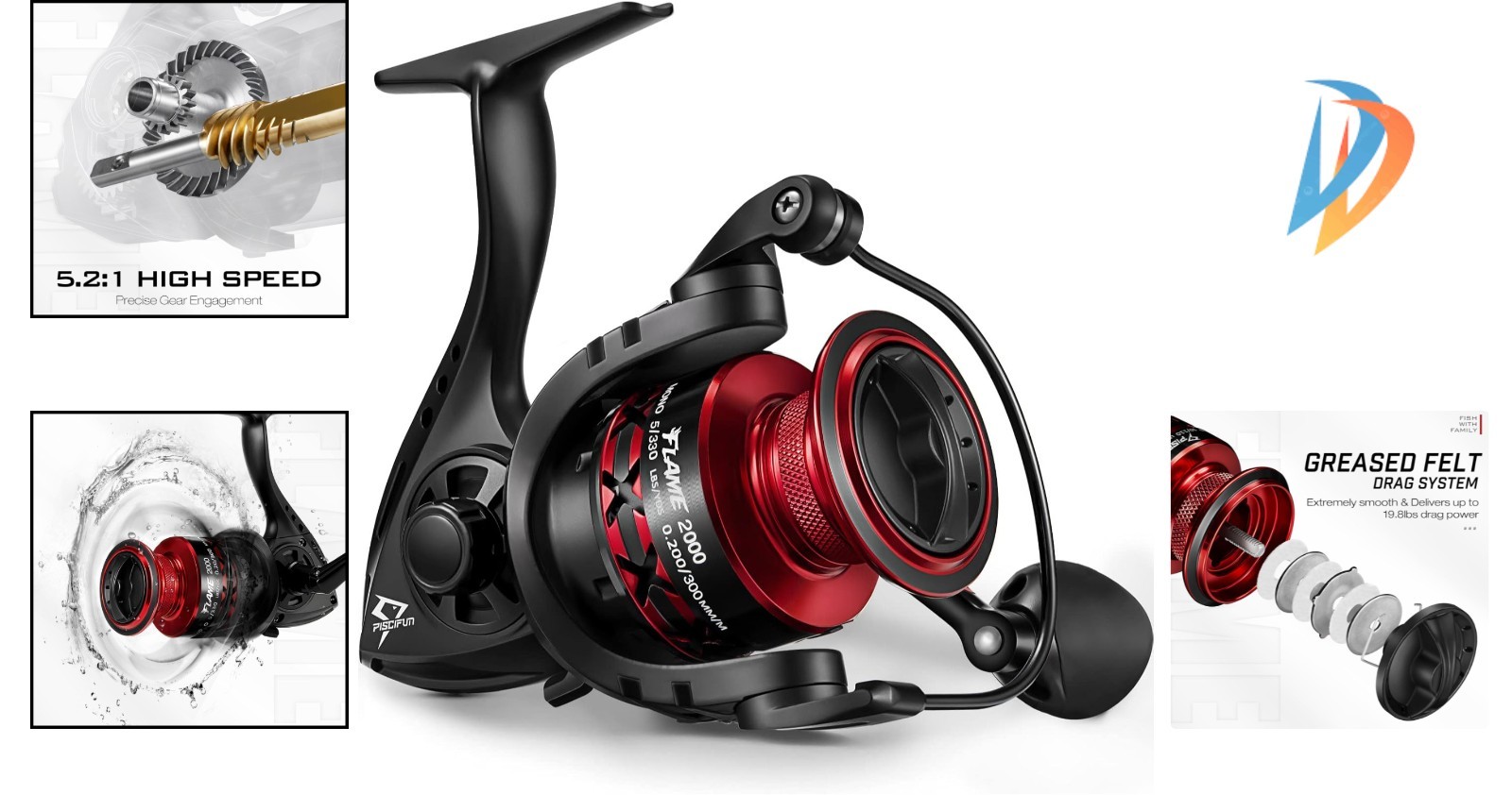 Flame 9+1BB Spinning Reel – Lightweight, 19.8LB Drag, Stylish Red & Black Finish