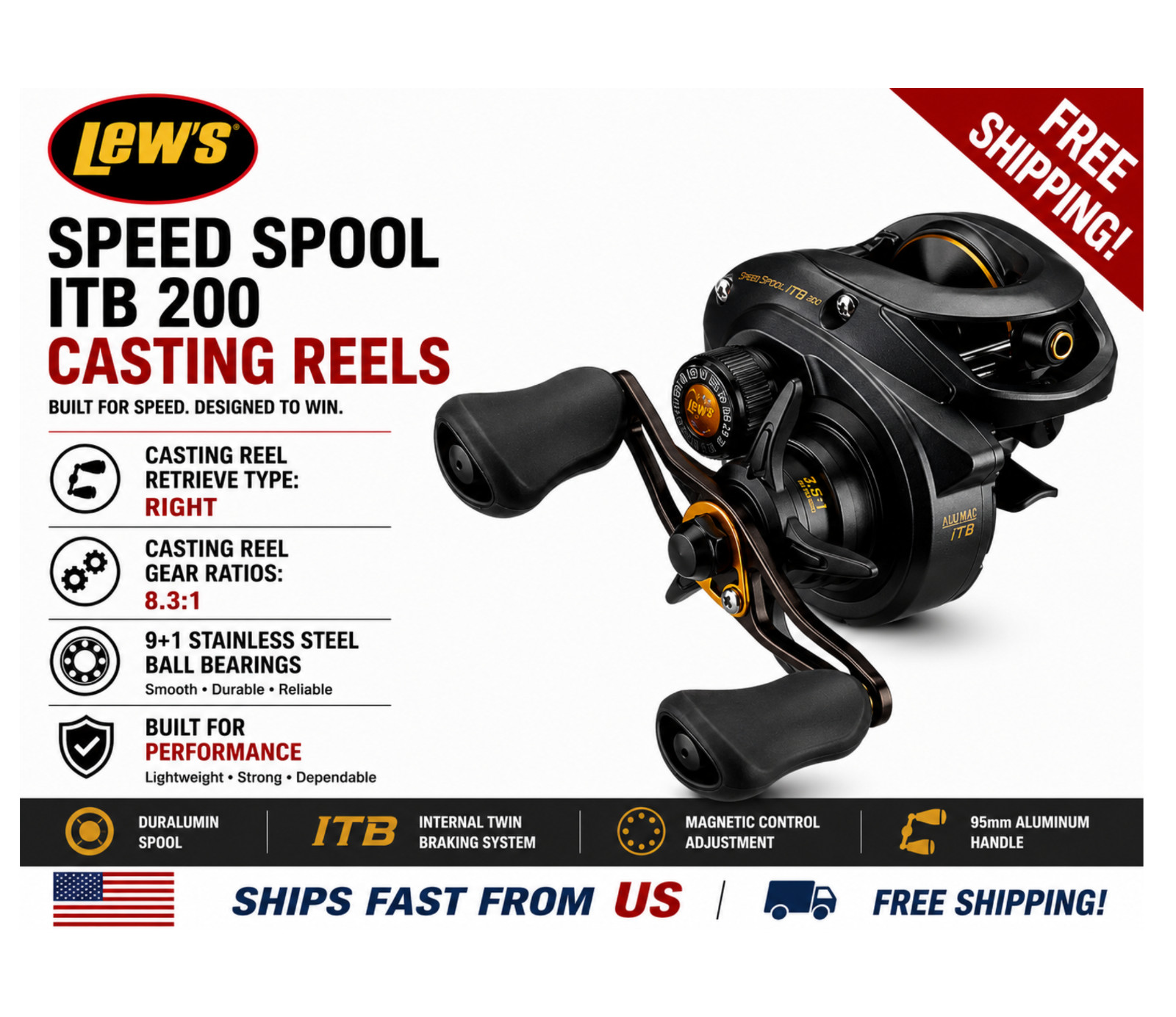 Lew’s Speed Spool ITB 200 Casting Reels, Type:Right – Ratios: 8.3:1