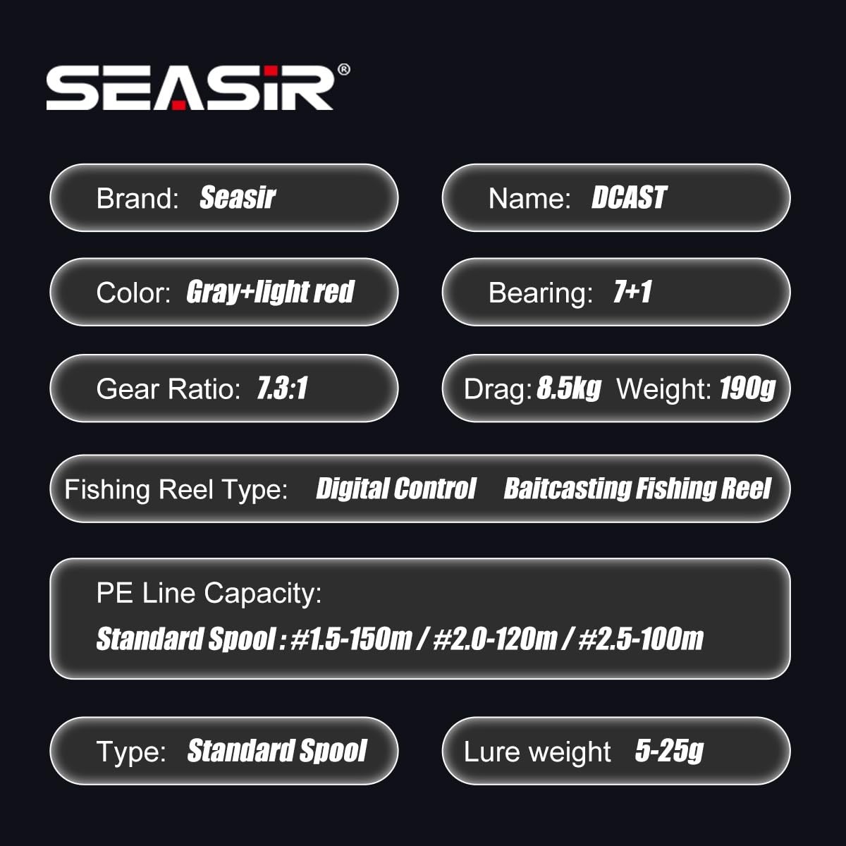 SEASIR DCast Baitcaster Reel, 7.31, 7+1 BB, 18.5lb Drag, Grey/Red (left)