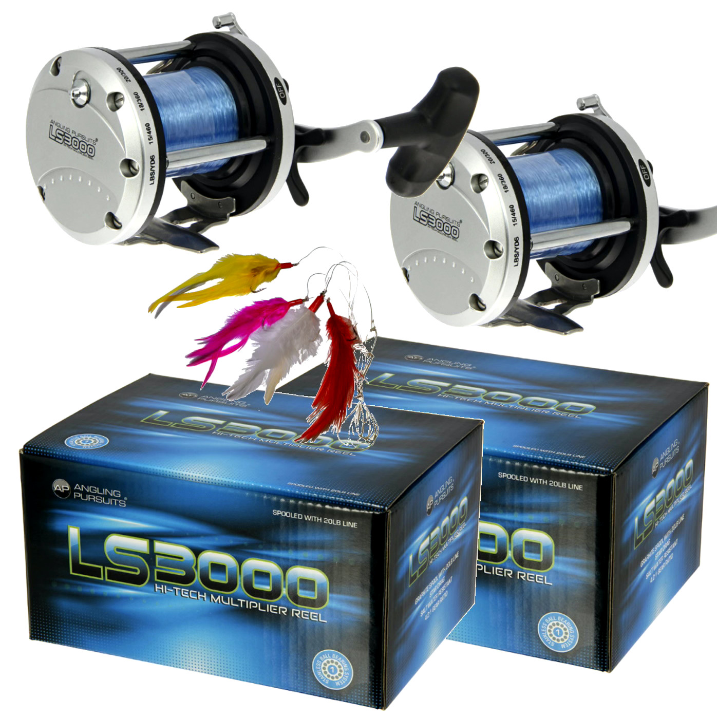 2 x Sea Fishing Multiplier Reel with 20lb Blue Sea Line LS3000 Sea Boat Pier