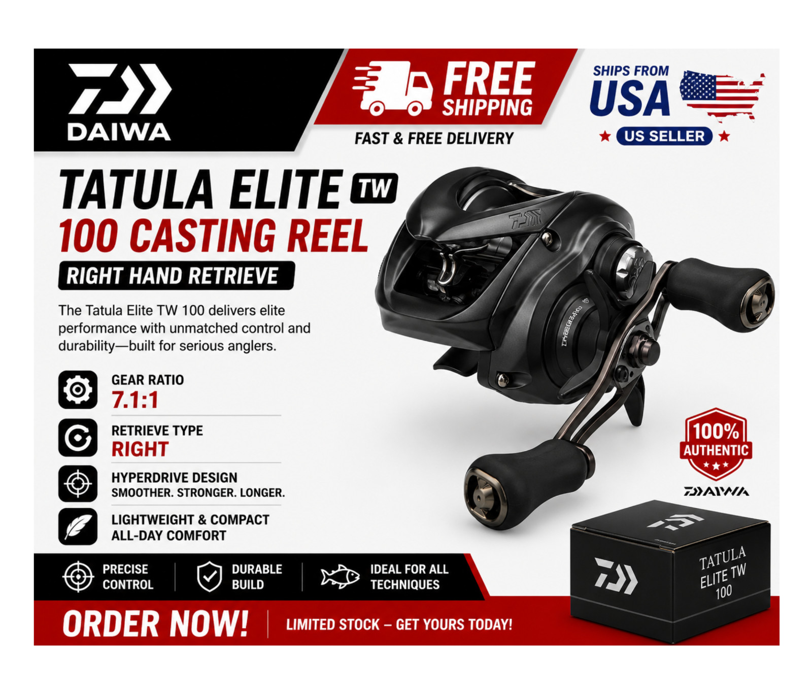 Daiwa Tatula Elite TW 100 Casting Reels, Type:Right – Ratios: 7.1:1
