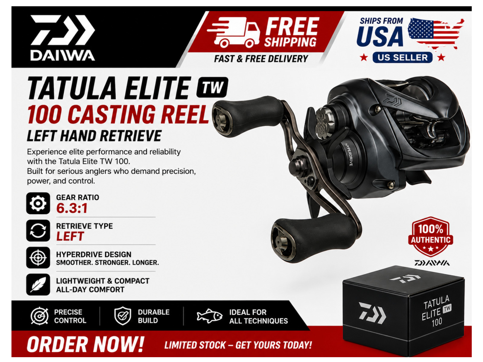 Daiwa Tatula Elite TW 100 Casting Reels, Type:Left – Ratios: 6.3:1