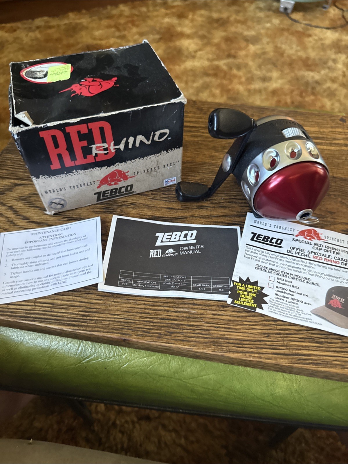 Vintage NOS Zebco Red Rhino Spincast Fishing Reel Made In USA in Box Papers 1996