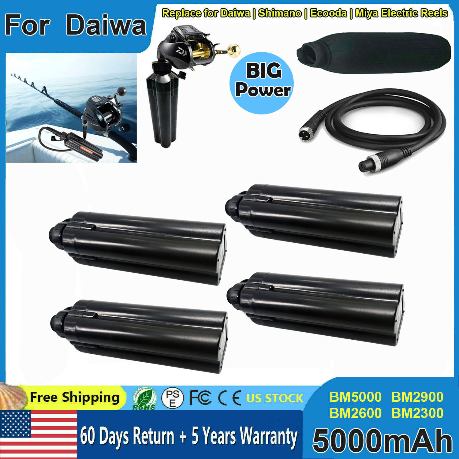 5AH Daiwa Electric Fishing Reel Battery Tanacom 1000 BM2300 BM2600 2900 Charger
