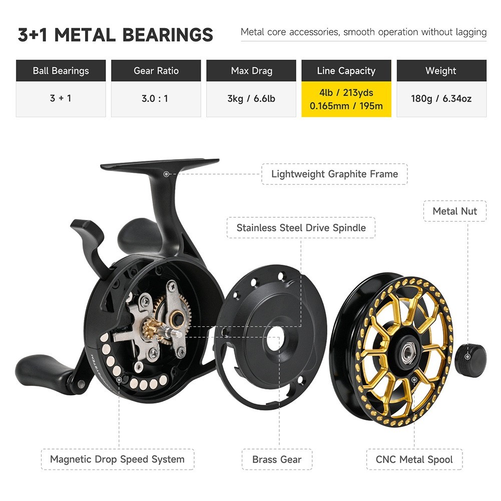 Iceraft Winter Ice Fishing Reel Slow Descent Magnetic Brake Metal Spool