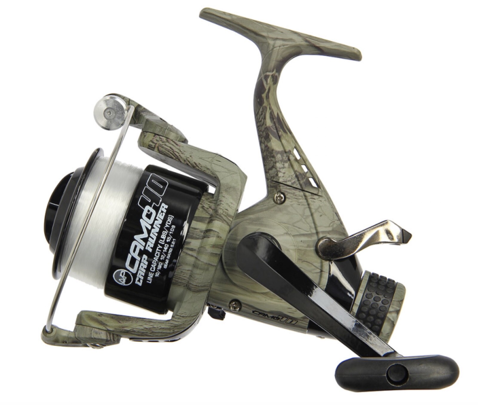 NGT Carp Fishing Reel Camo 40 + 12 lb Line + Spare Spool Carp Runner Freespool