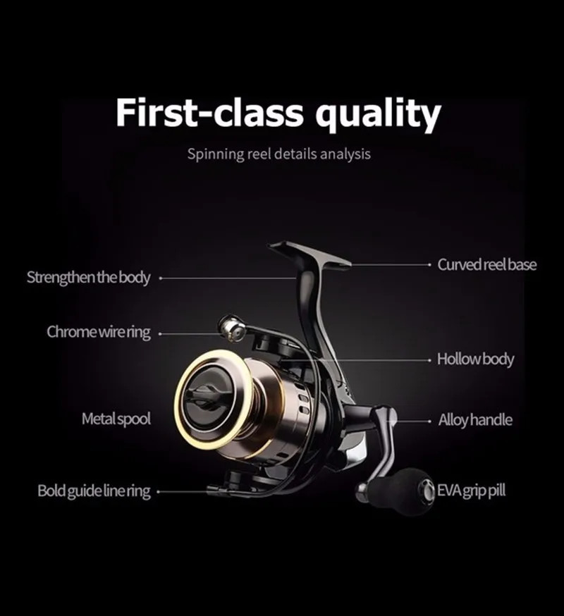 Fishing Reel HE500-7000 Max Drag 10kg Metal Spool Grip Spinning Reel