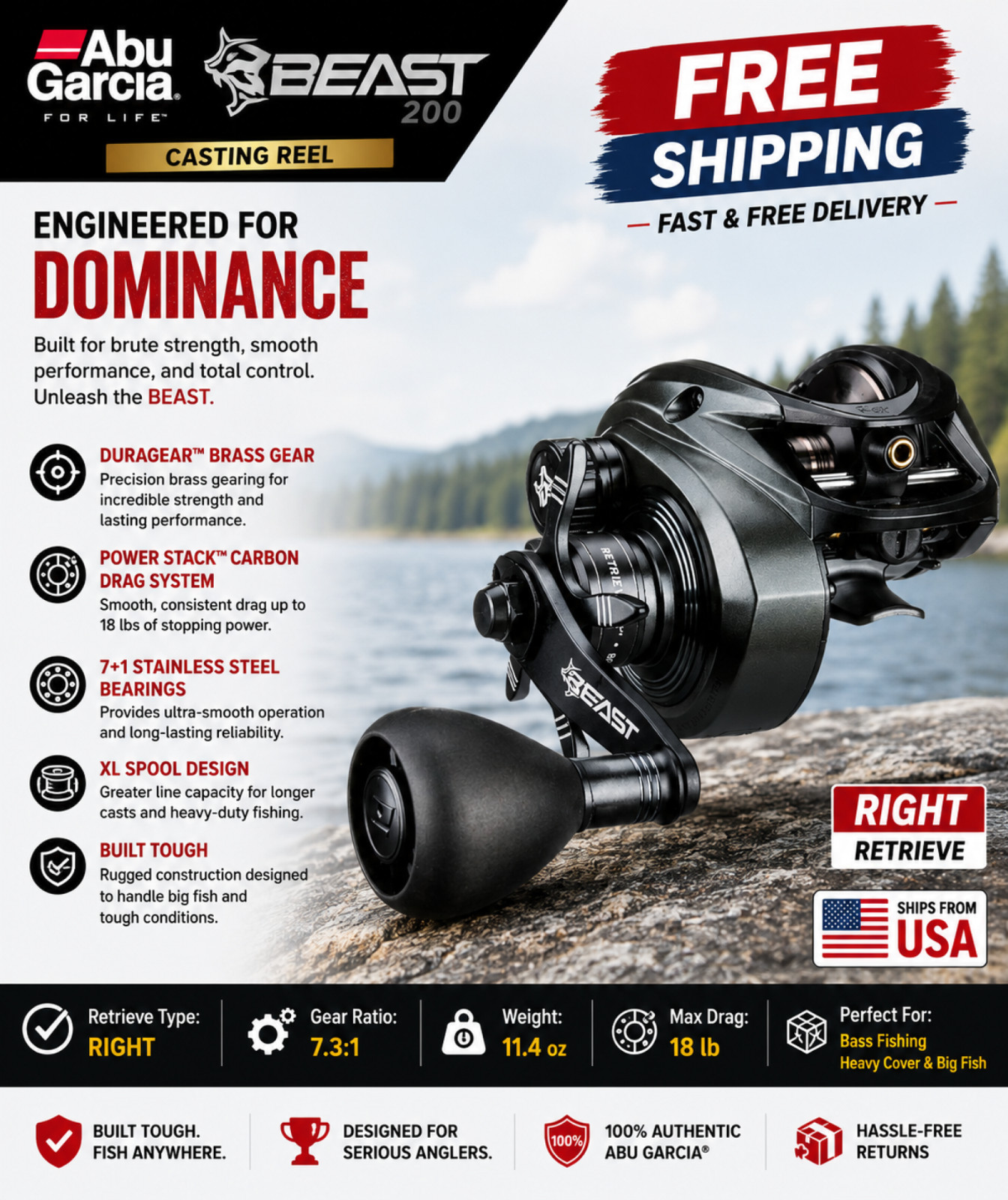 Abu Garcia Beast 200 Casting Reels, Type:Right – Gear Ratios: 7.3:1