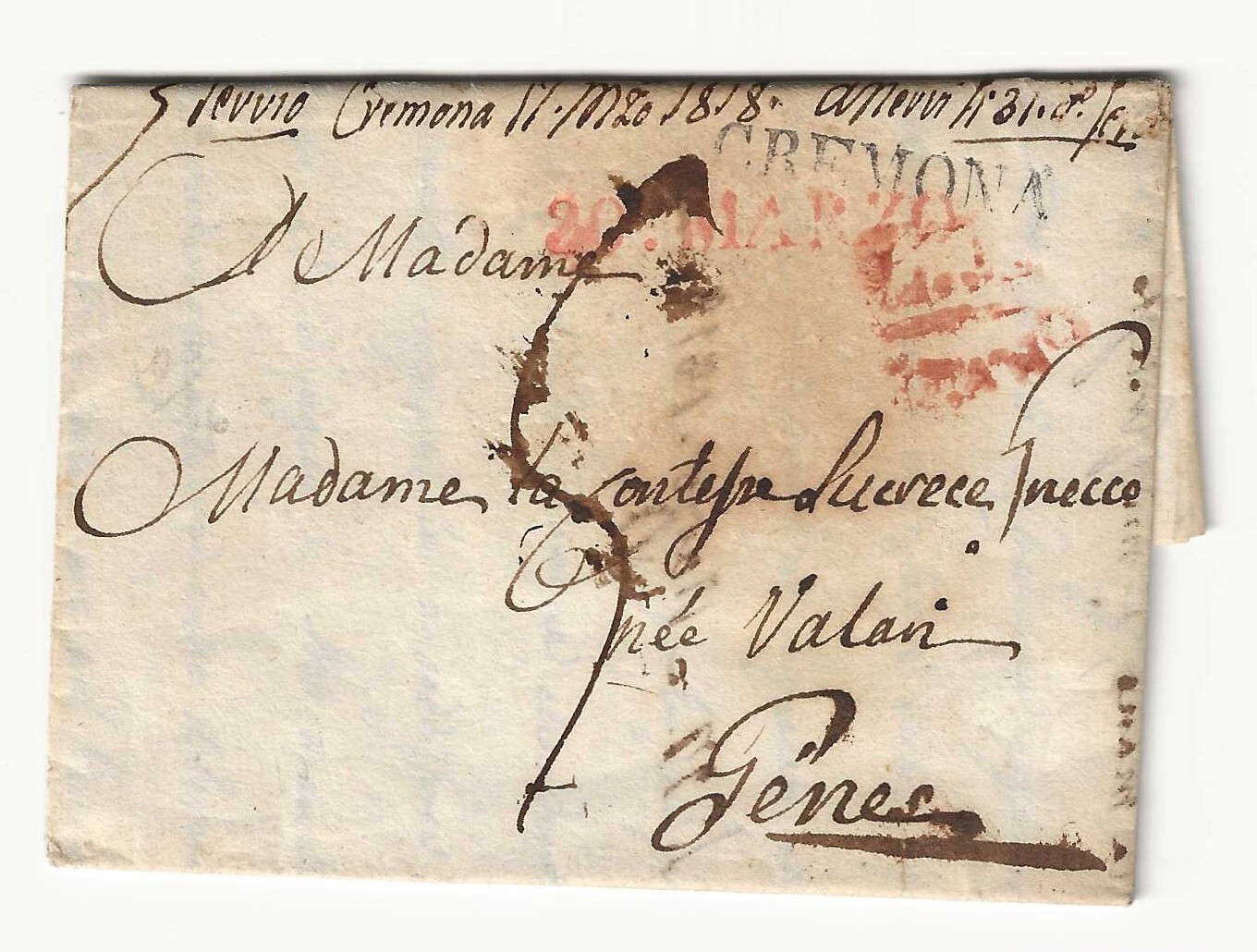 Lombardo Veneto – Prefilatelic 1818 for Genoa stamp black Cremona