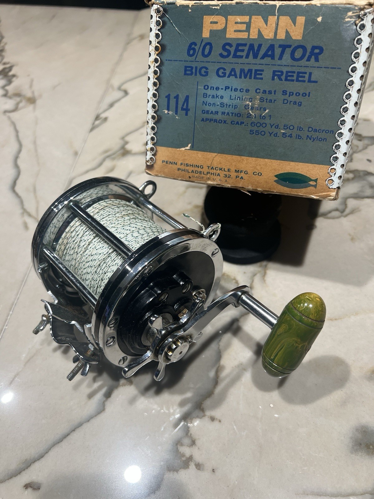 1960s Penn Senator Fishing Reel 6/0 W Marbled Green Handle Original Box—A Gem!