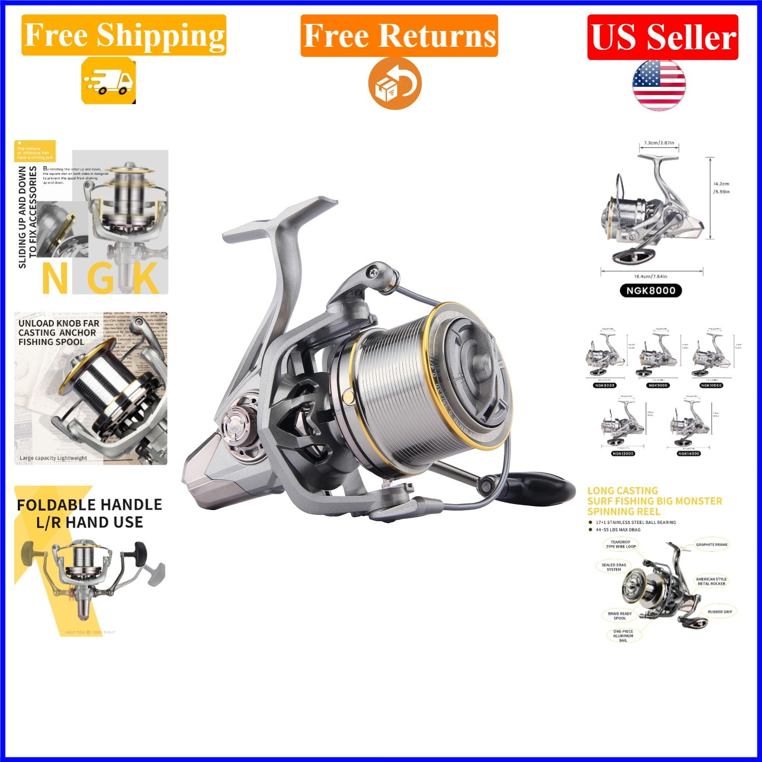 8/9/10/12/14K Saltwater Heavy Duty Spinning Reels,Grey & Gold,Large Line Capa…