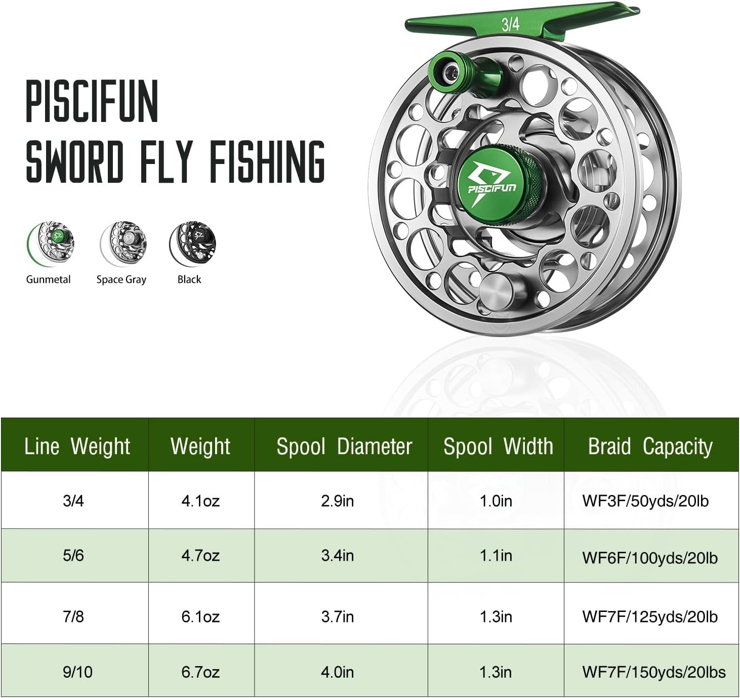 Piscifun Sword Fly Fishing Reel, CNC-Machined Aluminum Alloy Fly 3/4wt Gunmetal
