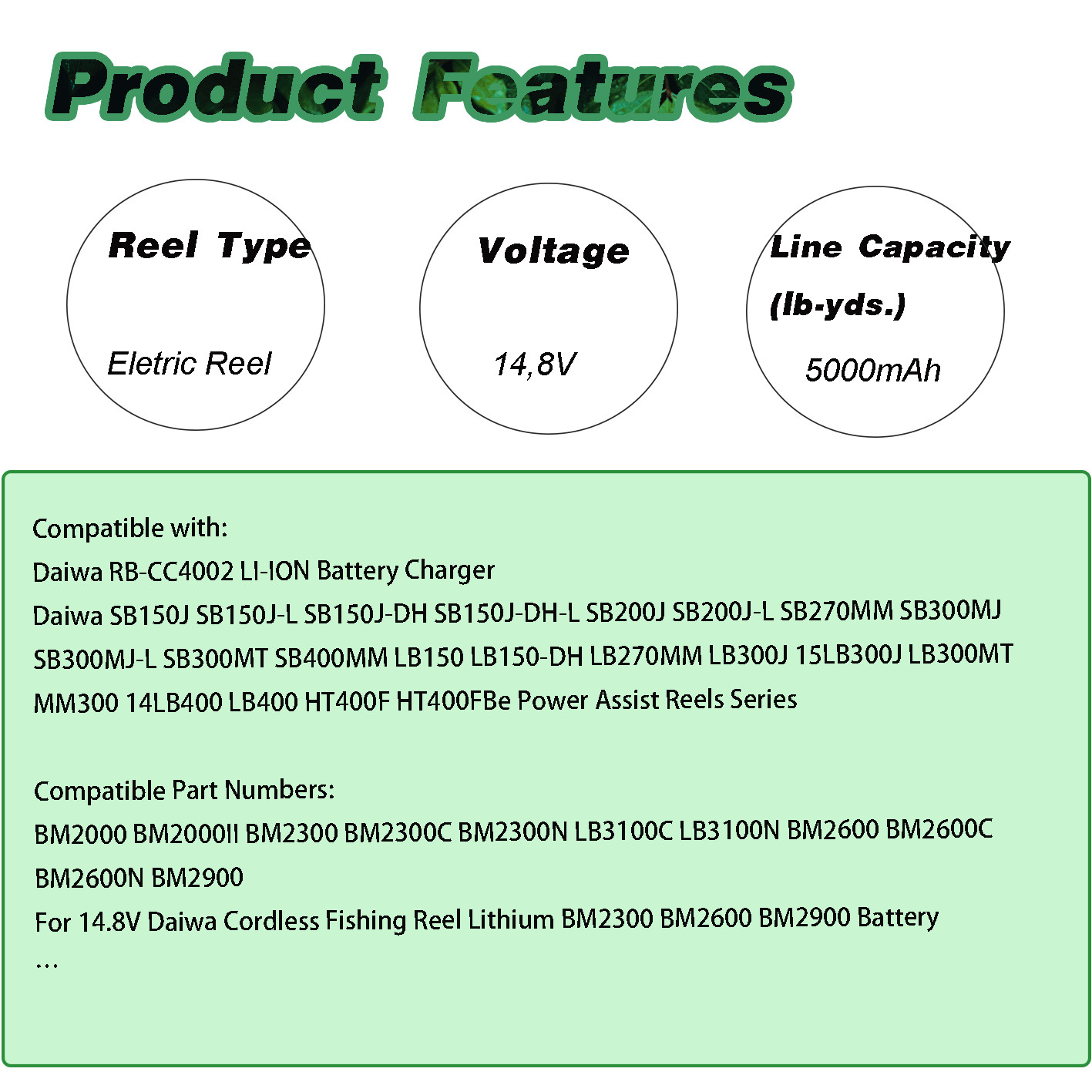5Ah Battery For Daiwa Electric Fishing Reel 1000 750 + Charger + Power Cable Set