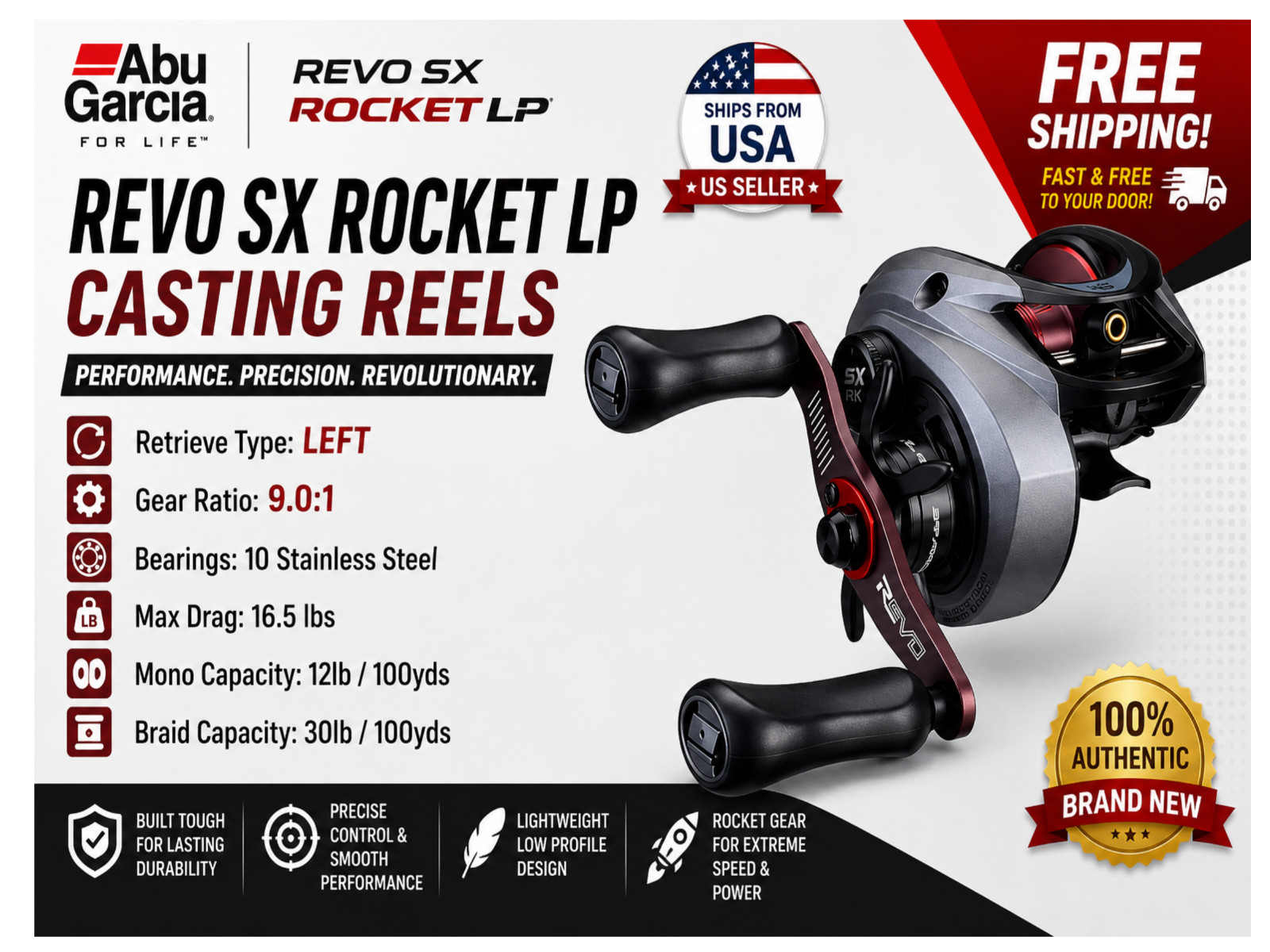 Abu Garcia Revo SX Rocket LP Casting Reels, Type:Left – Gear Ratios: 9.0:1