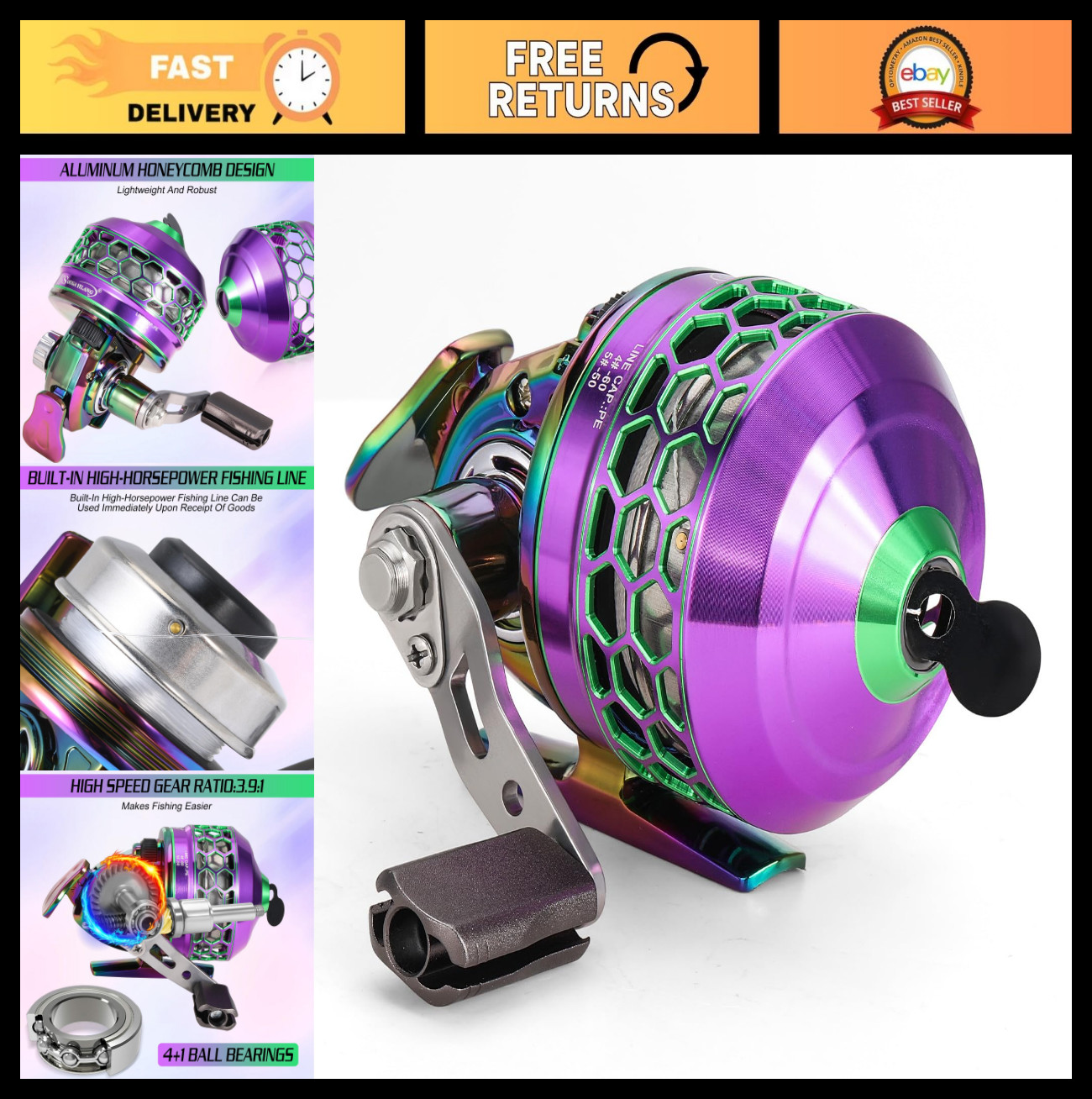 High-Speed Spincast Fishing Reel 3.9:1 Gear Ratio, Push-Button Bait Casting, Rev