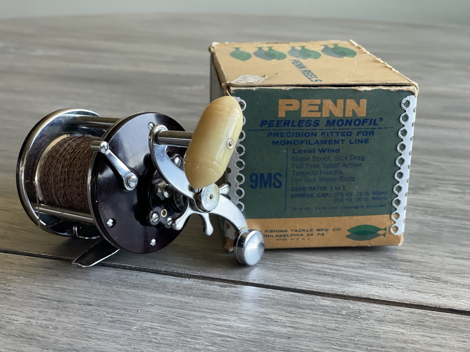Vintage Penn Peerless Mononfil 9MS Saltwater Reel With Box. Excellent Condition