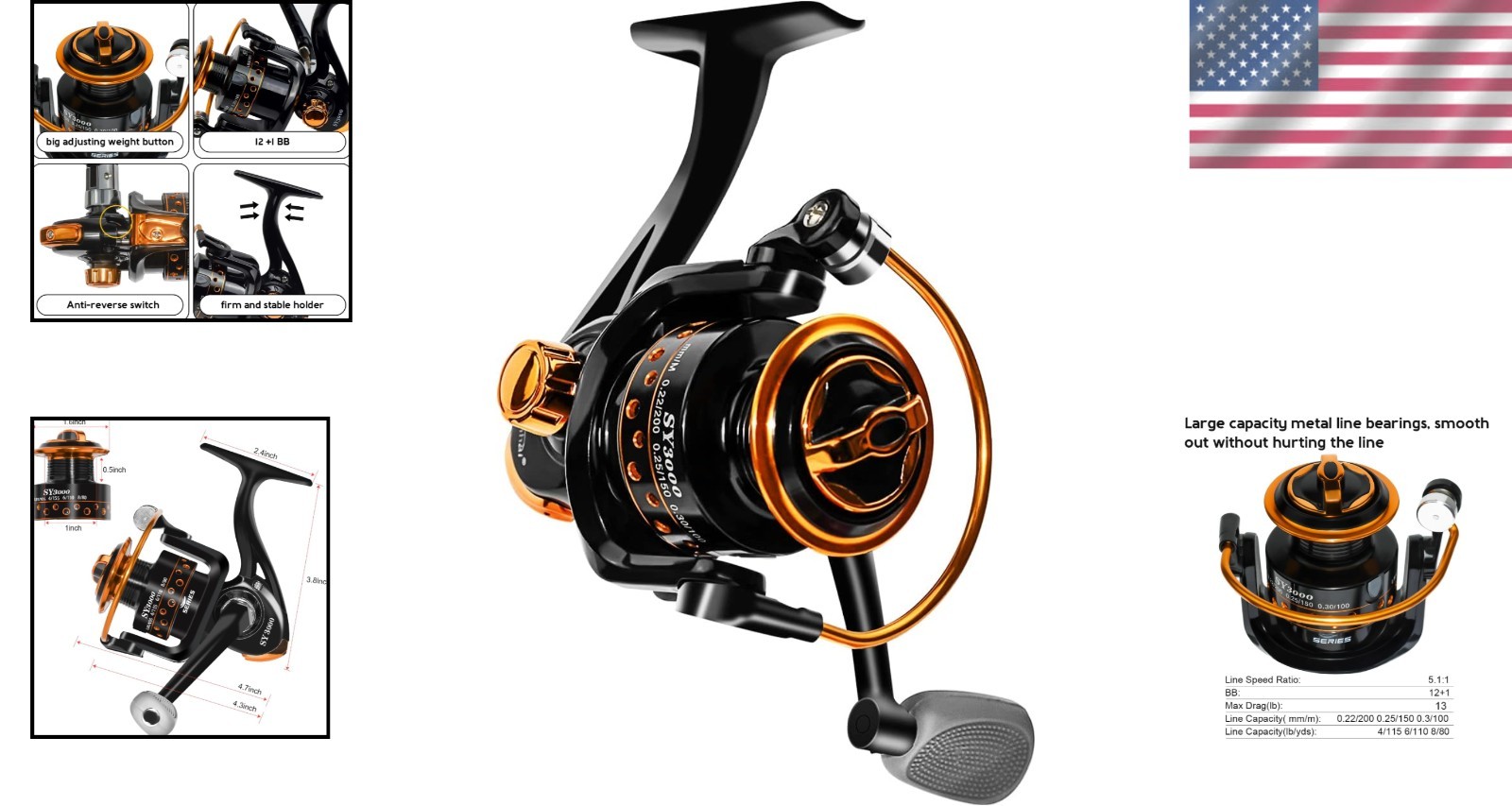 Fishing Reel 3000/1000 – 12+1 Bearings, Anti-Reverse, Lightweight Design