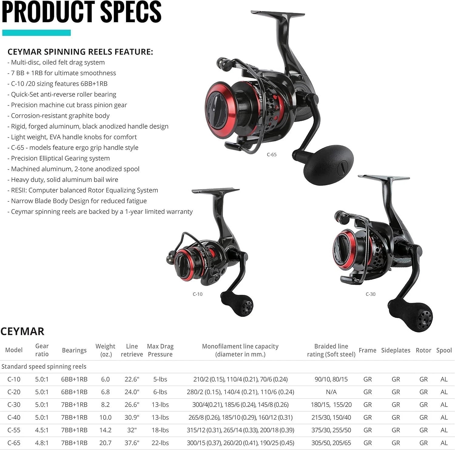Ceymar Graphite Lightweight All Purpose 8BB Spinning Reel