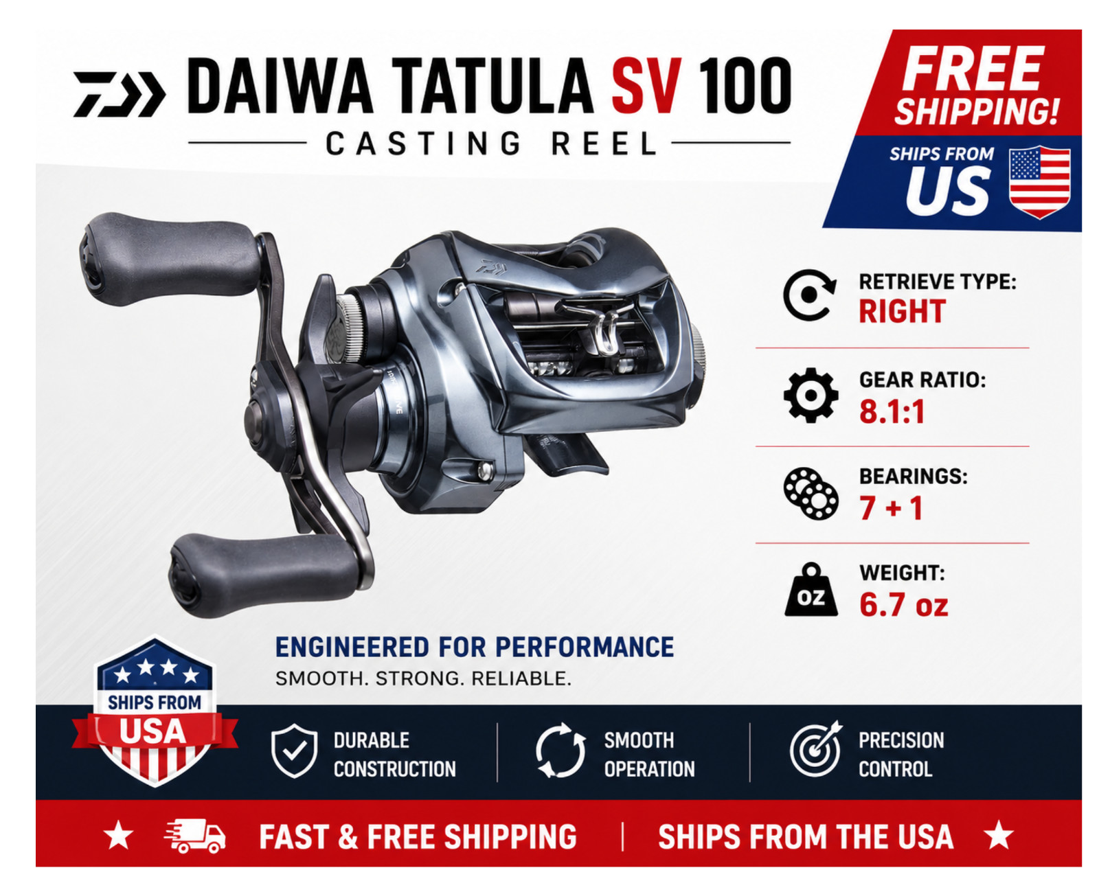 Daiwa Tatula SV 100 Casting Reel, Type: Right – Ratios: 8.1:1