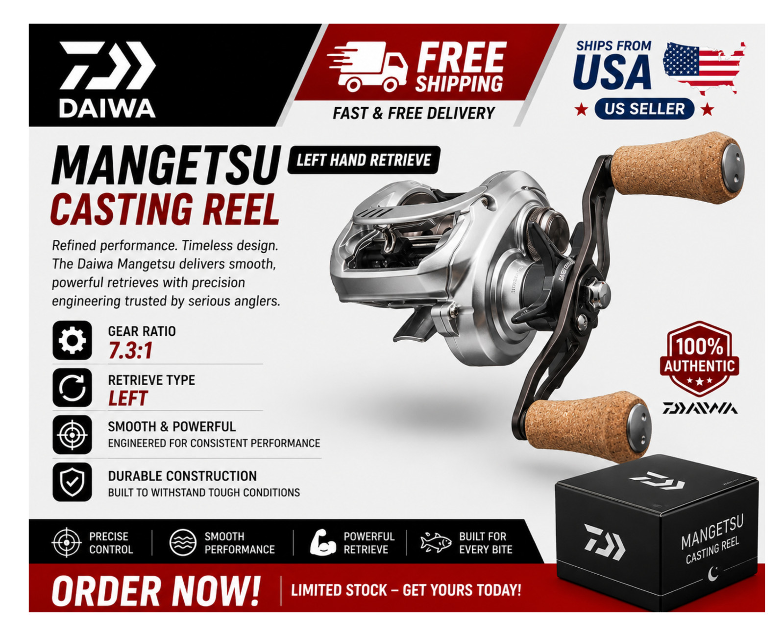 Daiwa Mangetsu Casting Reels, Type:Left – Ratios: 7.3:1