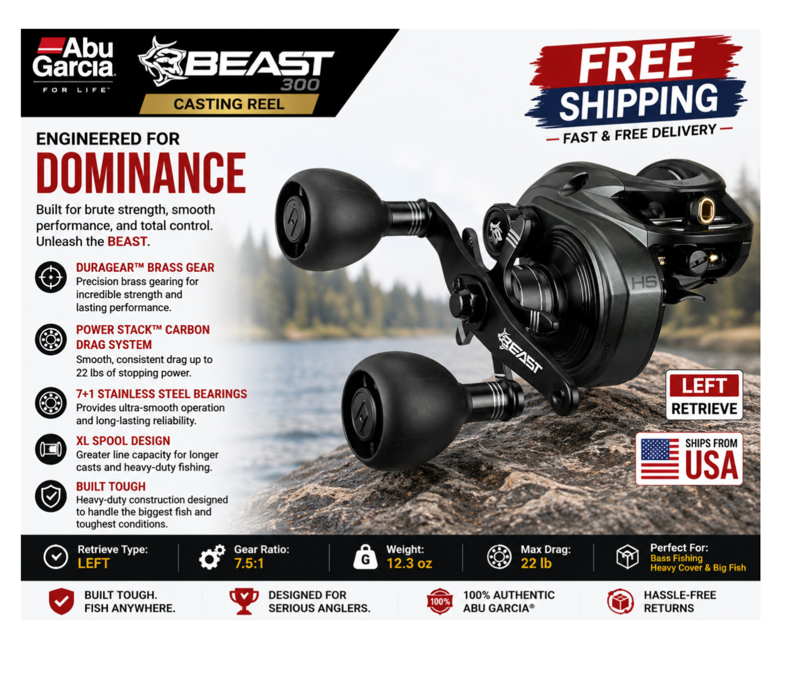 Abu Garcia Beast 300 Casting Reels, Type:Left – Gear Ratios: 7.5:1