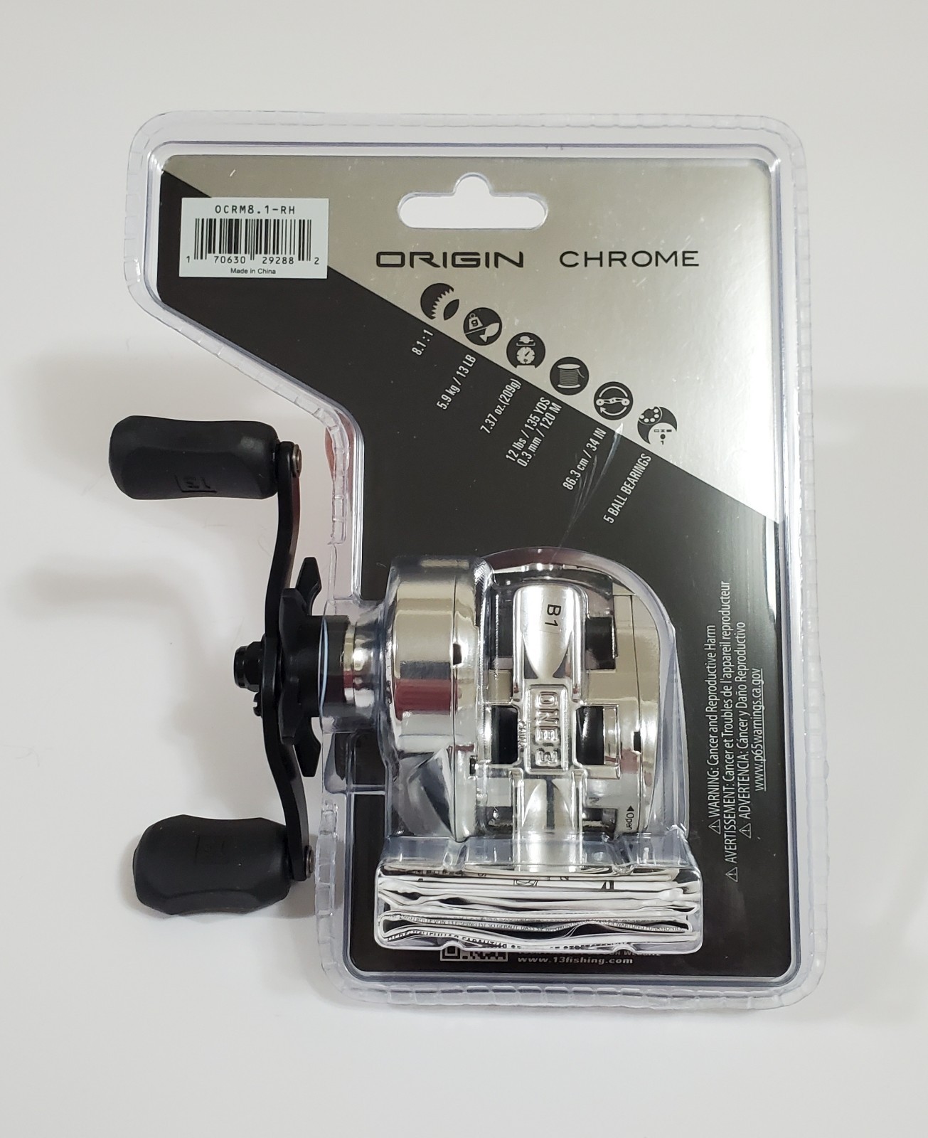 13 FISHING Origin Chrome 8.1:1 Gear Ratio RH Low Profile Baitcast Reel OCRM8.1