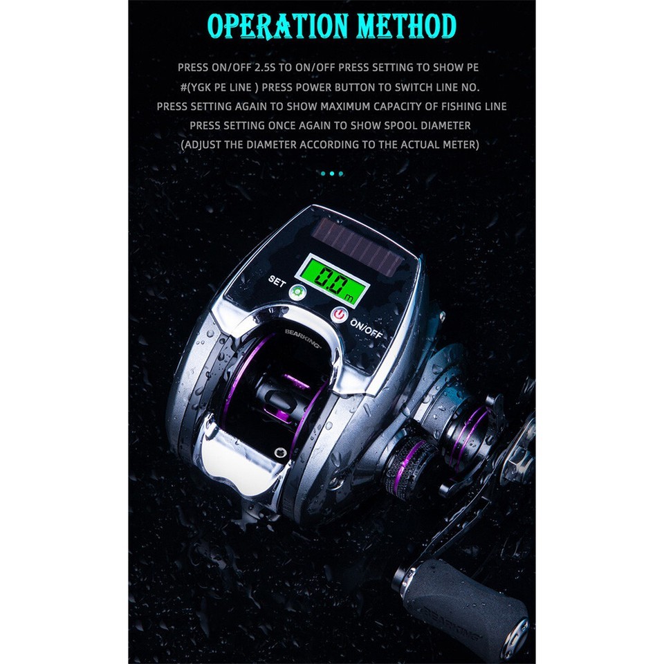 8.0:1 Baitcasting Fishing Reel 6+1BB USB/ Solar Rechargeable Digital Display
