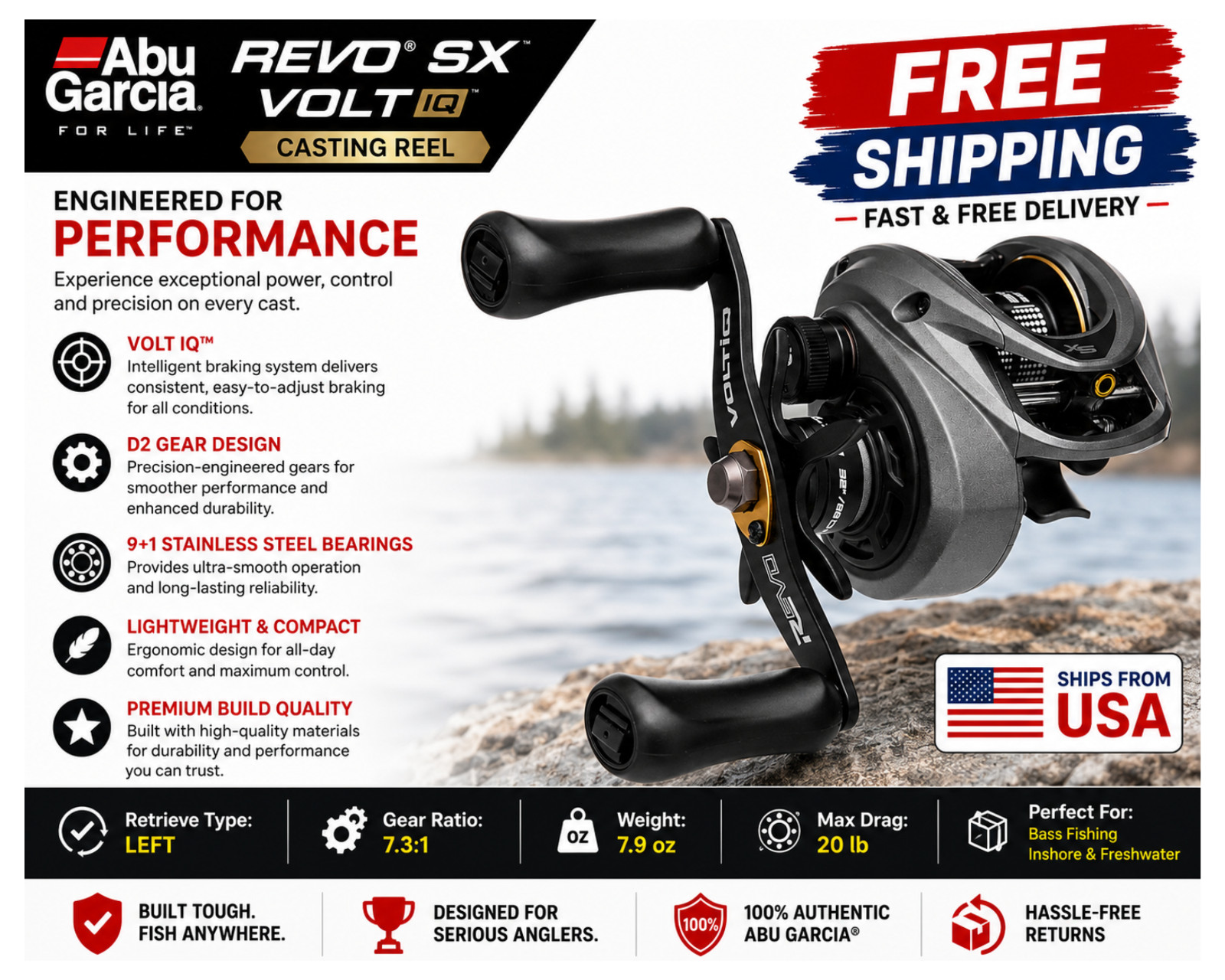 Abu Garcia Revo SX VoltIQ Casting Reels,Type:Left – Gear Ratios: 7.3:1
