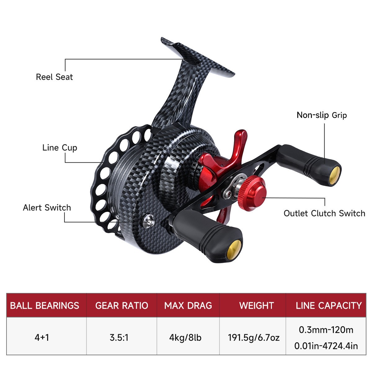 3.5:1 Gear Ratio 4+1BB Ice Fishing Reel Metal Inline Fishing Reel 8LB MAX Drag