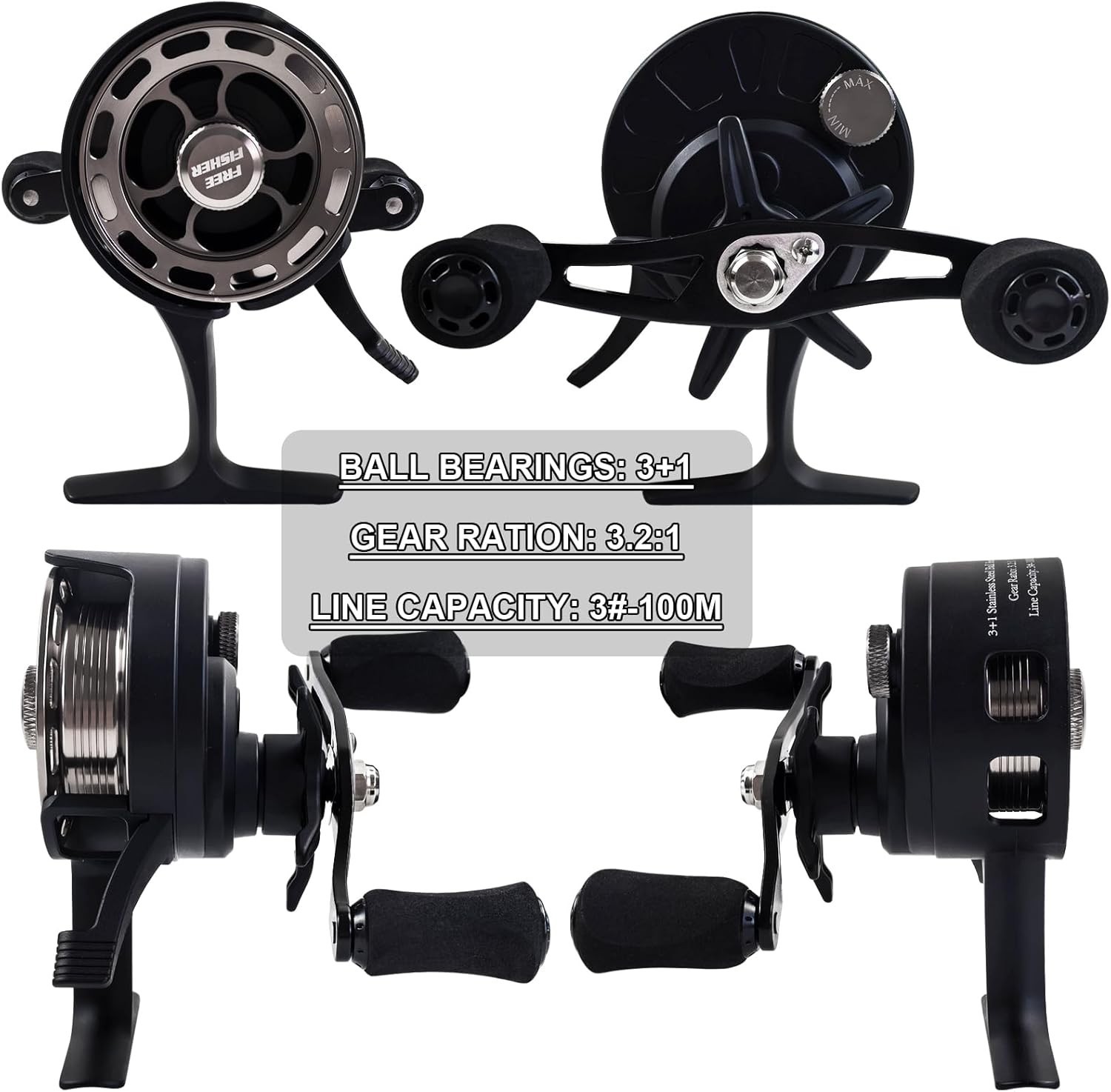 Ice Fishing Reels 3.2:1 Gear Ratio Ultra Smooth 3+1Ball Bearings Strength Cnc-Ma