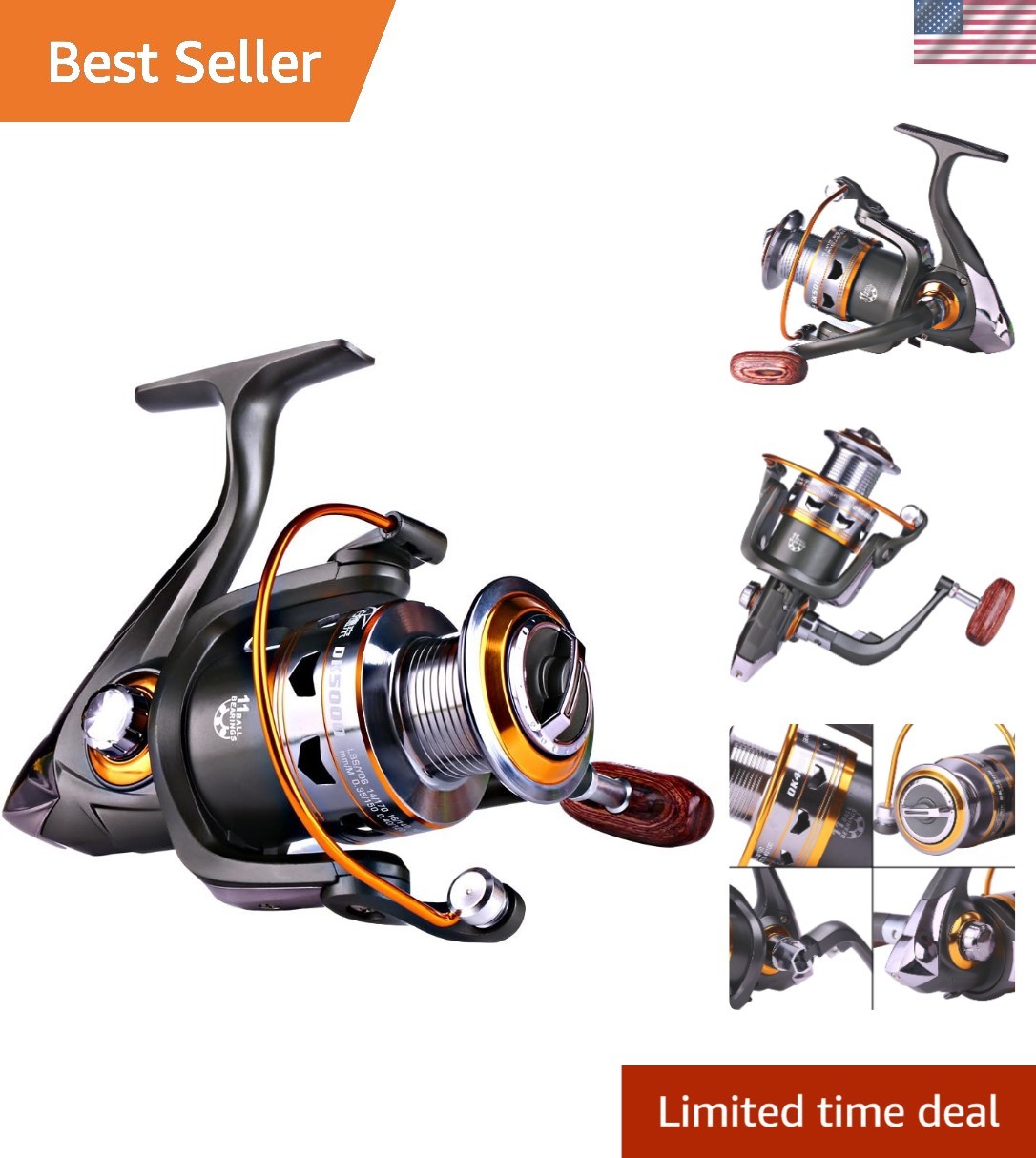 Versatile Spinning Fishing Reel with 11BB Bearings & Collapsible Wood Handle