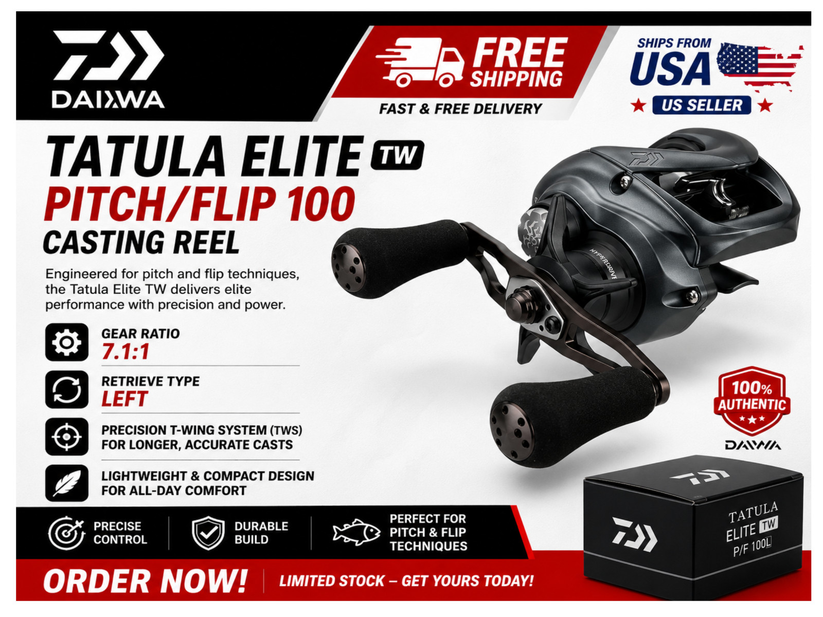 Daiwa Tatula Elite TW Pitch/Flip 100 Casting Reels, Type:Left – Ratios: 7.1:1