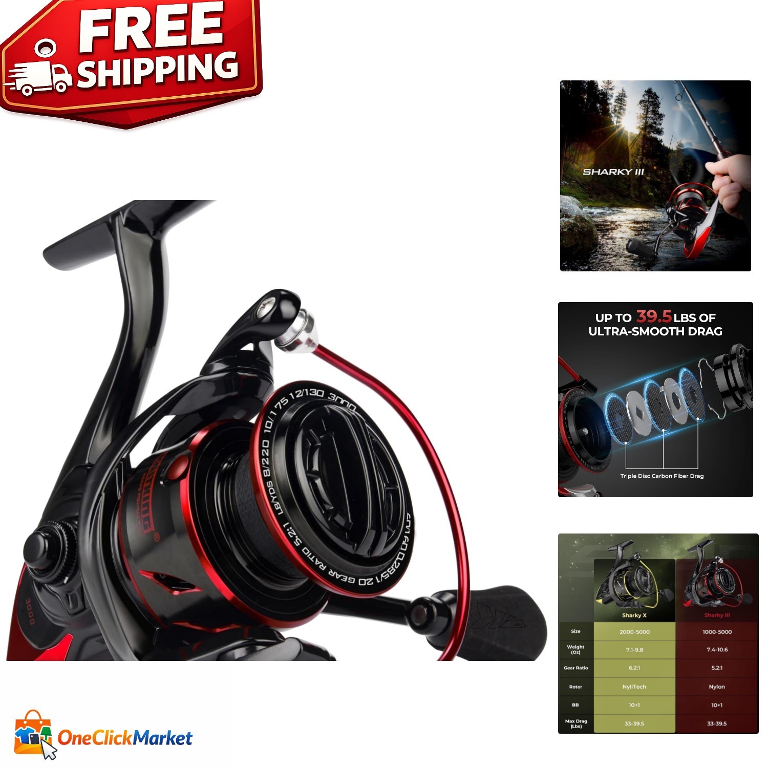 Ambidextrous Sharky III Reel – Smooth 39.5LB Drag for Freshwater & Saltwater
