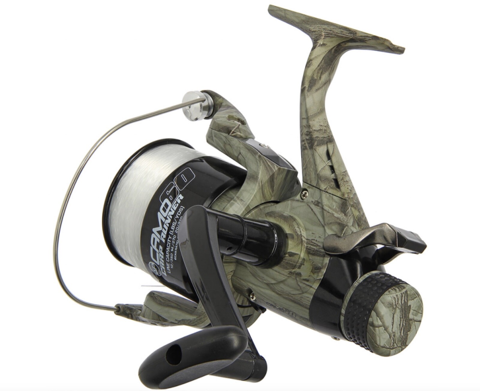 Carp Fishing Reel Camo 60 + 12 lb Line + Spare Spool Carp Runner Freespool NGT