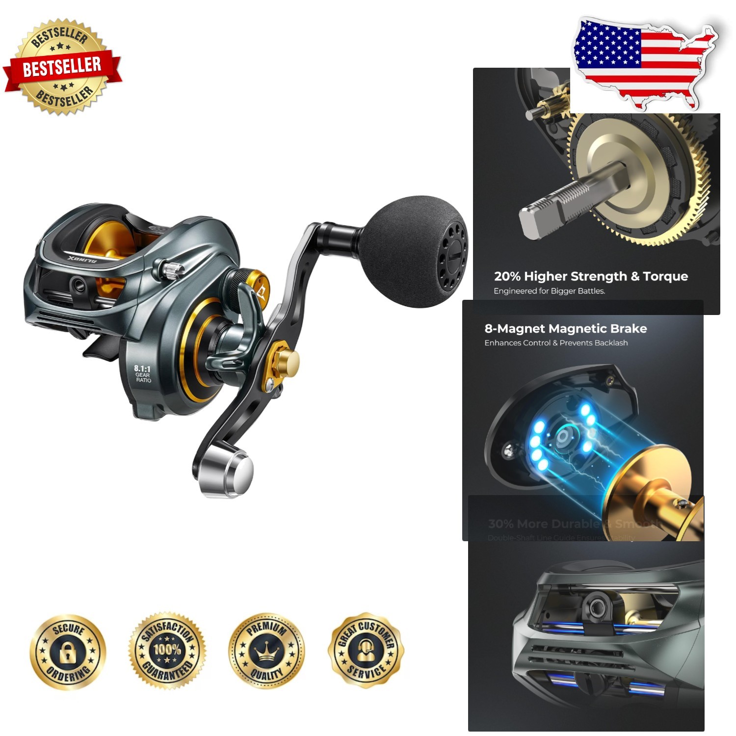 Alinox 300 Baitcaster Reel Left Hand 8.1:1 33lb Drag Aluminum Frame