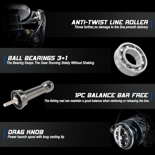 Spinning Fishing Reel,5.0:1/4.7:1 Gear Ratio,3+1BB High Strength Aluminum 2000