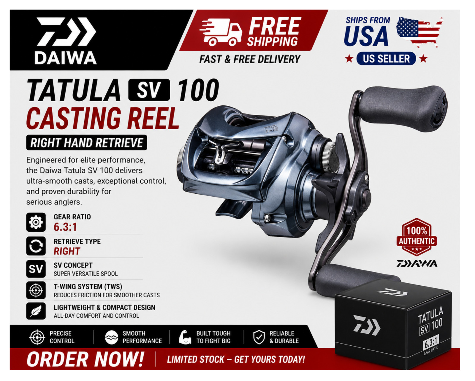 Daiwa Tatula SV 100 Casting Reel, Type: Right – Ratios: 6.3:1