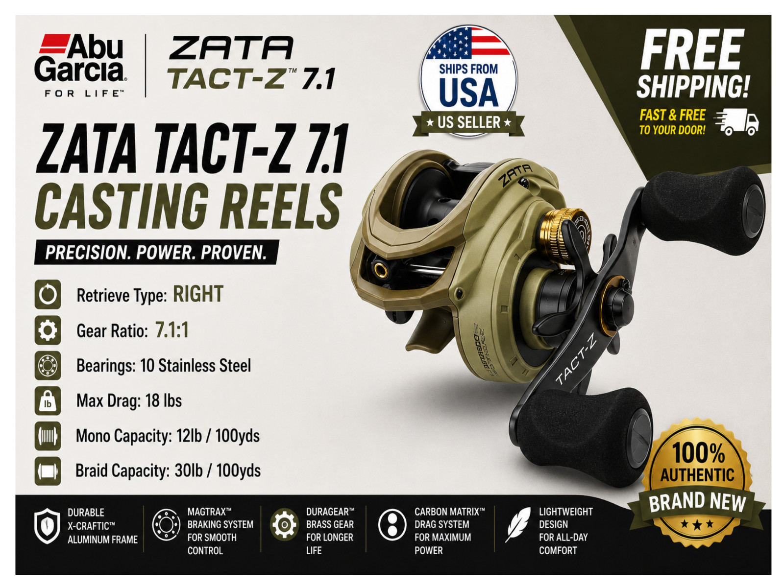 Abu Garcia Zata Tact-Z 7.1 Casting Reels, Type:Right – Gear Ratios: 7.1:1