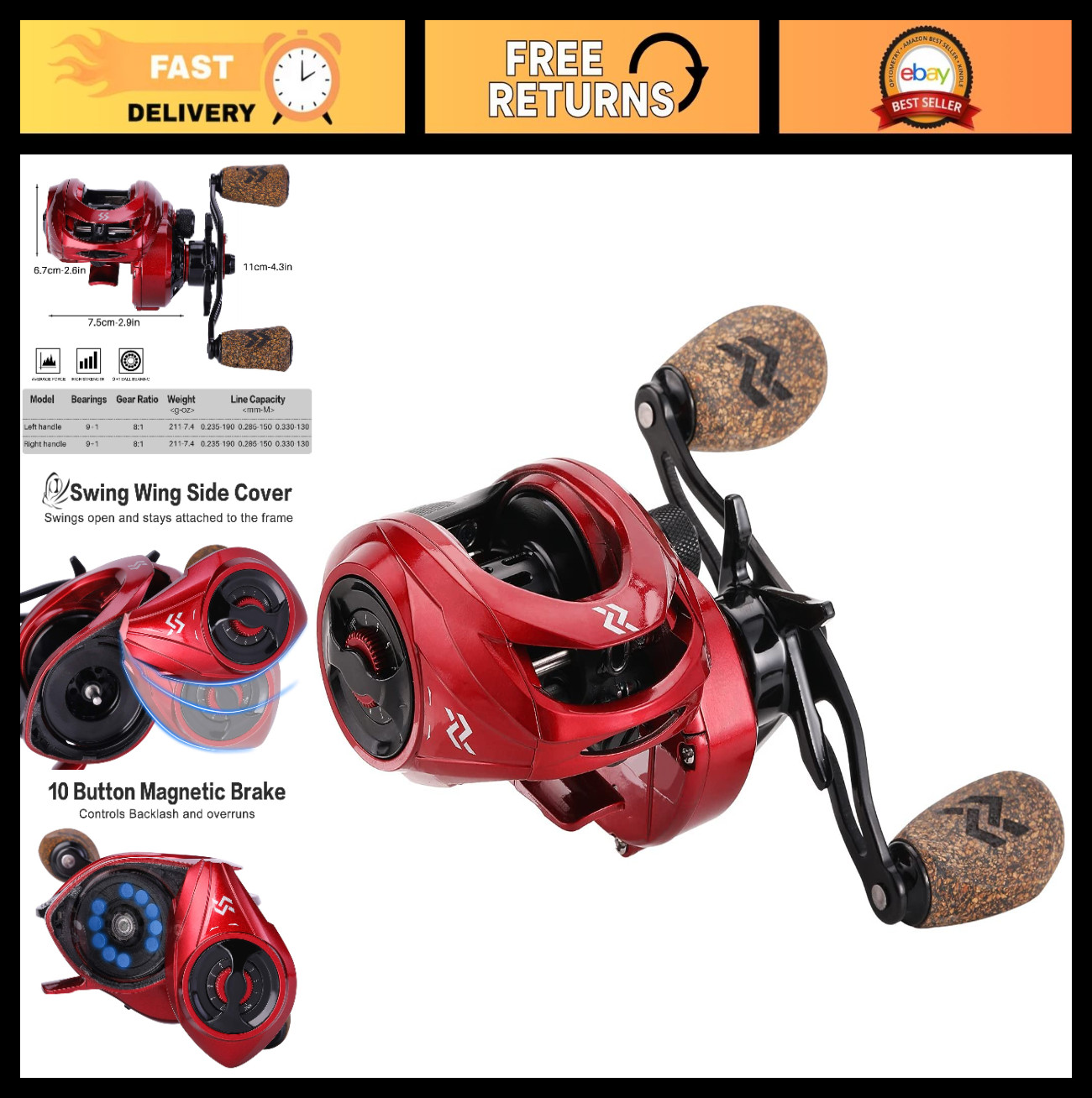 High-Speed Baitcasting Fishing Reel 8:1 Gear Ratio, Magnetic Braking, 9+1 Bearin