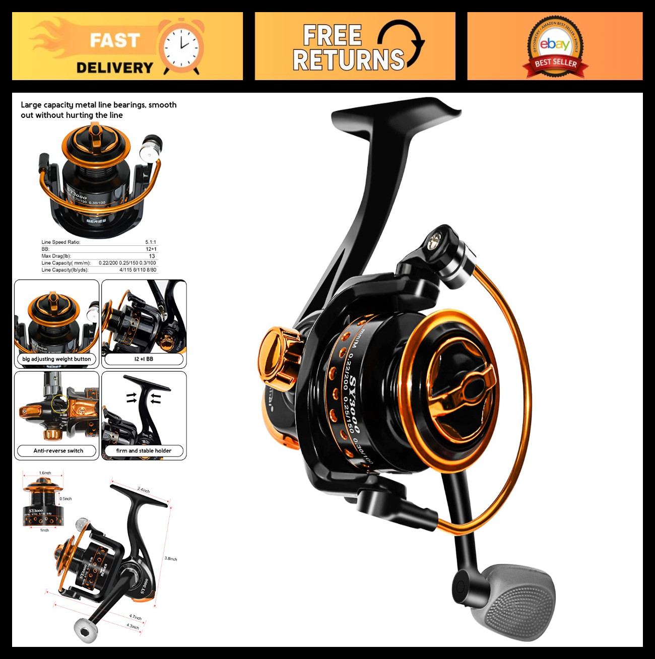 Lightweight Ultra Smooth Spinning Reel 12+1 BB for Ice/Summer Fishing 3000/1000
