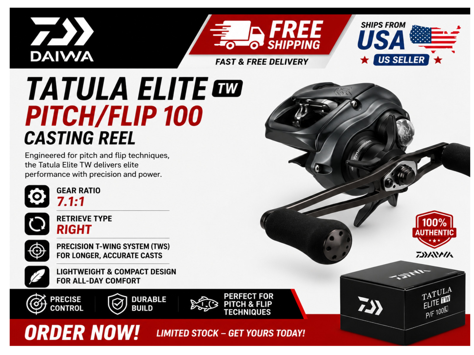 Daiwa Tatula Elite TW Pitch/Flip 100 Casting Reels, Type:Right – Ratios: 7.1:1