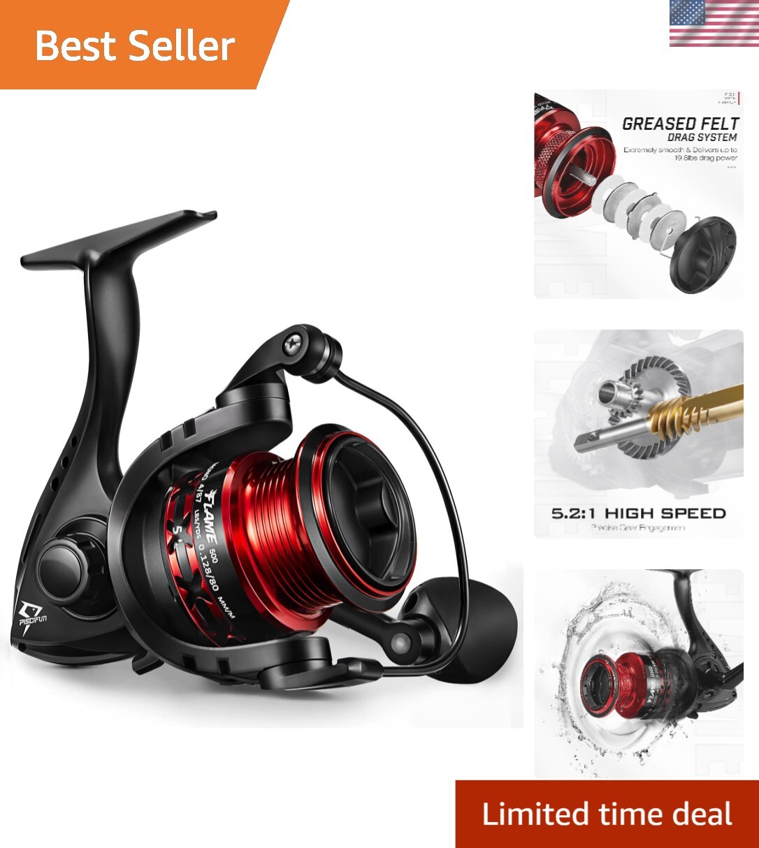 Lightweight 9+1BB Spinning Fishing Reel with 19.8LBs Max Drag – Red & Blue