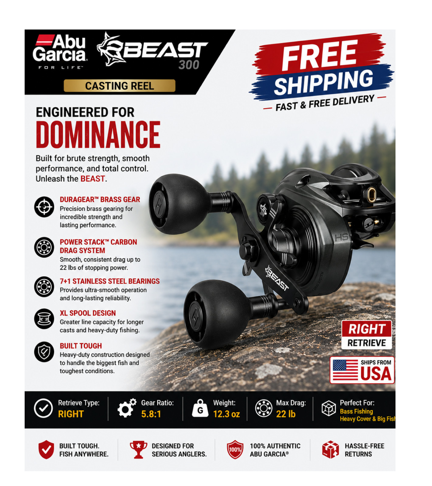 Abu Garcia Beast 300 Casting Reels, Type:Right – Gear Ratios: 5.8:1