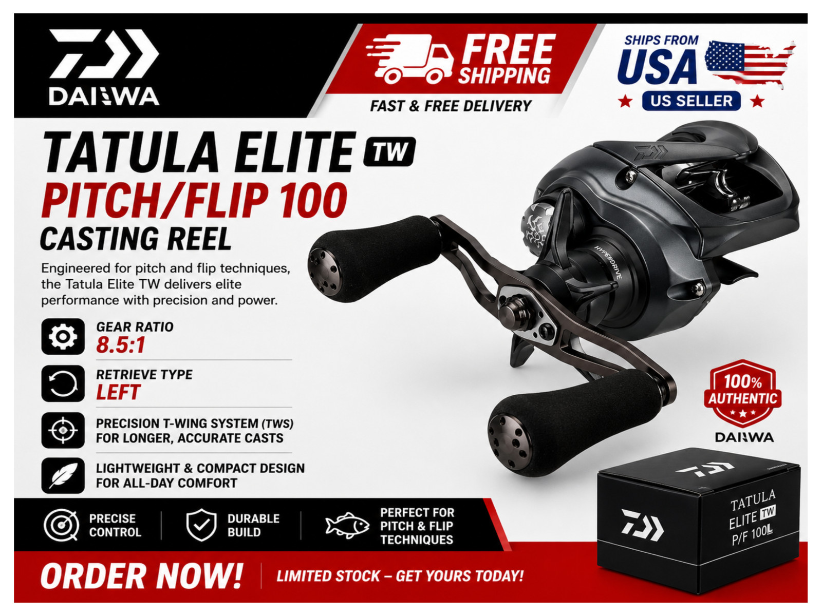Daiwa Tatula Elite TW Pitch/Flip 100 Casting Reels, Type:Left – Ratios: 8.5:1